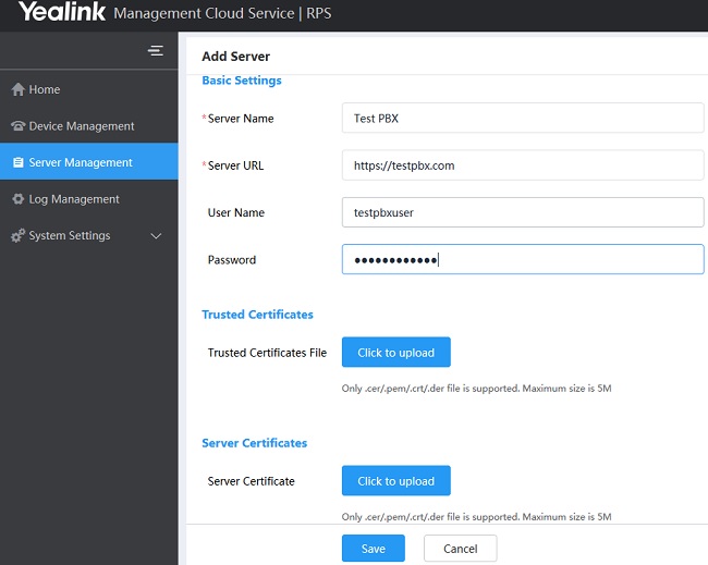 Yealink RPS Server URL and Credentials